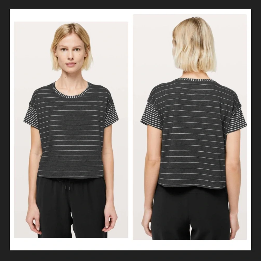 Lululemon Cates Tee Short Serve Stripe Heathered Black White
